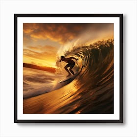 Surfer Riding A Wave At Sunset Art Print