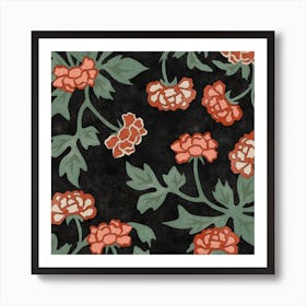 Chrysanthemum Woodblock - Black Art Print