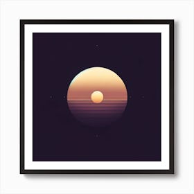 Title: "Ethereal Orb: Dusk's Gentle Closure"  Description: "Ethereal Orb" presents a minimalist celestial scene, where a smaller sphere hovers delicately over the horizon of a larger, setting sun. The artwork offers a gradient of warm tones that encapsulate the fleeting moments of twilight. Surrounded by the stillness of a darkening sky, the composition's simplicity speaks to the quiet end of the day. This piece captures the introspective mood as night approaches, making it a perfect addition to spaces that value calm, reflective aesthetics, and the subtle beauty of nightfall. Art Print