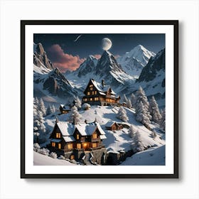 Beautiful House In Between Snow Caped Mountain And Moon Art Print