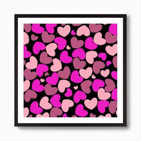 Pink Hearts On Black Background Art Print