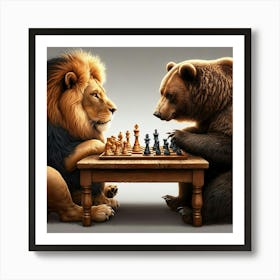 Lion And Bear Playing Chess Art Print