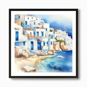 Watercolor Of Greek Village.Summer on a Greek island. Sea. Sand beach. White houses. Blue roofs. The beauty of the place. Watercolor. 1 Art Print