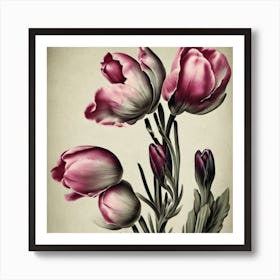 Eustoma Floral Botanical Vintage Poster Flower Art Print Pink Tulips Art Print