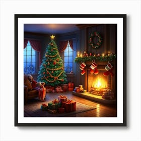 Cozy Christmas Eve Crackling Fireplace Casting A Soft Glow On The Elaborate Decorated Tree Toys Su (3) 2 Art Print