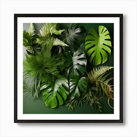 Tropical Leaves On Green Background Art Print