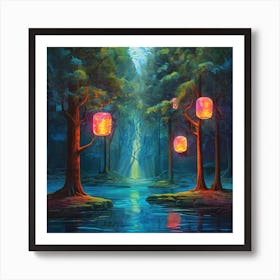 a painting of a forest with lanterns hanging from trees, an oil painting by Jeremiah Ketner, shutterstock contest winner, fantasy art, enchanting, flickering light, glowing lights 1 Art Print
