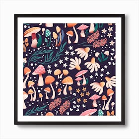 Mushrooms And Flower Pattern On Purple Square Art Print