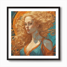 An Illustration Of A Woman In Costume With Long Curly Blonde Hair, In The Style Of Neon Art Nouvea Art Print