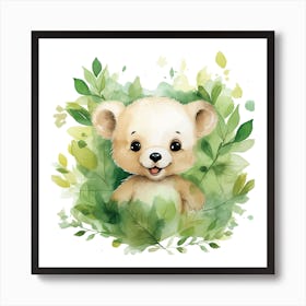 Watercolor Teddy Bear With Leaves Art Print