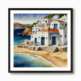 Village On The Beach.Summer on a Greek island. Sea. Sand beach. White houses. Blue roofs. The beauty of the place. Watercolor. Art Print