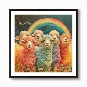 Rainbow Sheep Herd Retro Galaxy Collage Art Print