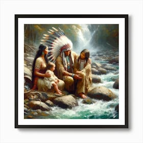 Oil Texture Native American Family By Stream Copy Art Print