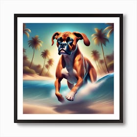 A dog boxer swimming in beach and palm trees 11 Art Print