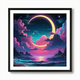 In The Dark Of Night Moonlit beach Art Print