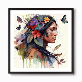 Watercolor Floral Indian Native Woman #15 Art Print