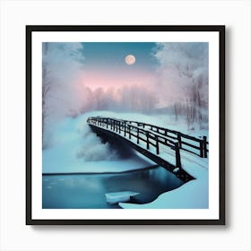 Winter Wonderland, Bridge Snow Covered,  Peaceful, Calm, Blues And Pinks Art Print