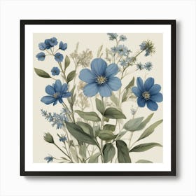 Blue Flowers Farmhouse Botanical Art Print 2 Art Print