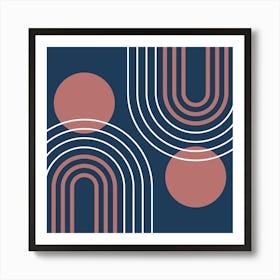 Mid Century Modern Geometric B24 In Navy Blue And Marsala (Rainbow And Sun Abstract) 02 Art Print