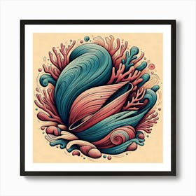 Vibrant Coral and Shell Composition Art Print