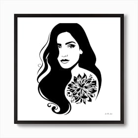 Beautiful Women With A Flower Tatoo - Black And White Minmimalistic Illustration Art Print