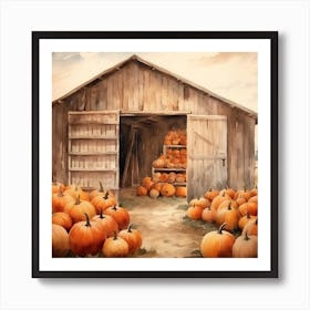 Barn With Pumpkins Watercolour Art Print