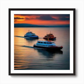 Three Ferry Boats At Sunset Art Print