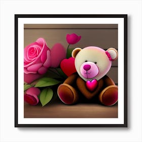 Teddy Bear With Roses Art Print