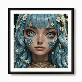 Girl With Blue Hair And Flowers Art Print