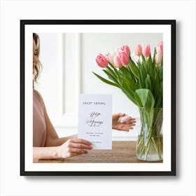 A Minimal And Decorated Nature Inspired Invitation Card A Woman In A Pastel Pink Top Is Gently Layi Art Print