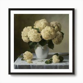 White Hydrangeas In A White Vas On A Table Art Print