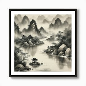 A traditional Chinese ink painting of a river, with delicate brushstrokes and a monochromatic color scheme, capturing the essence of nature and the flow of life. Art Print