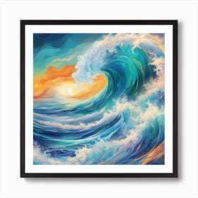 An Abstract Representation Of A Roaring Ocean Wave, With Bold Colors And Dynamic Shapes Art Print