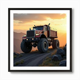 Massive Off Road Heavy Truck Climbing Rugged Mountain Terrain At Sunset 1 Art Print