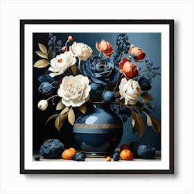 Floral Contemporary Still Life Dark Blue Art Print 1 Art Print