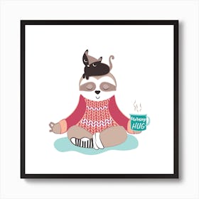Hygge sloth // winter cozy cute animal kids room nursery yoga with coffee mug and a cat morning hug Art Print