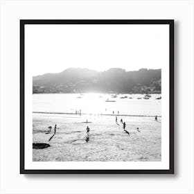 Playtime At The Beach, Black And White St Sebastian, Spain Square Art Print