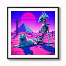 Cat And Skeleton In The Desert Art Print