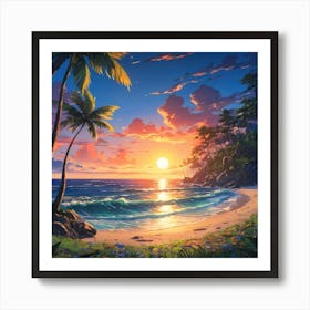 Tropical Beach Sunset With Lush Palm Trees and Serene Ocean Waves Art Print