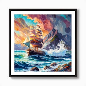 Seascape Ship On Sea Storm Art Print