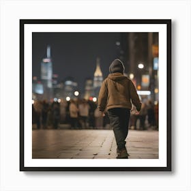 Boy Walks Down The Street At Night Art Print