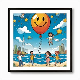 Cartoon Illustration Of A Hand Drawn Balloon Adorned With A Happy Face Floating Over A Bustling Beac (5) Art Print