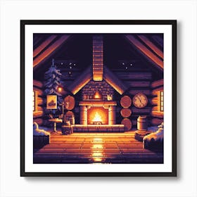 Pixel Art Cozy Cabin Night Art Print