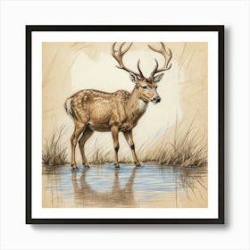 Deer By The Water Art Print