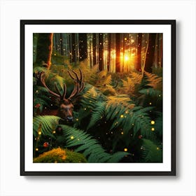 Deer In The Forest At Sunset Art Print