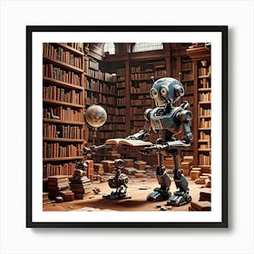 A robotic figure resembling a Pixar character, delves into a mysterious lost library Art Print