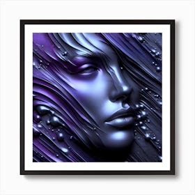 Portrait Of A Beautiful Woman's Face - An Embossed And Textured Abstract Artwork In Silver, And Deep Purple Liquid Metal Mercury Effect In Flow. Art Print