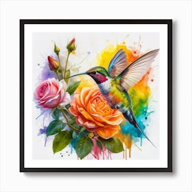 Hummingbird And Roses Art Print