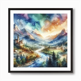 Watercolor Of A Castle In The Mountains Art Print