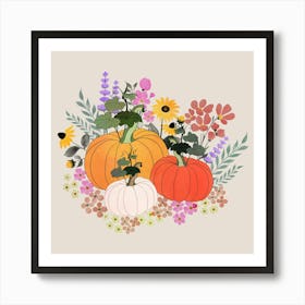 Pumpkins And Flowers Art Print